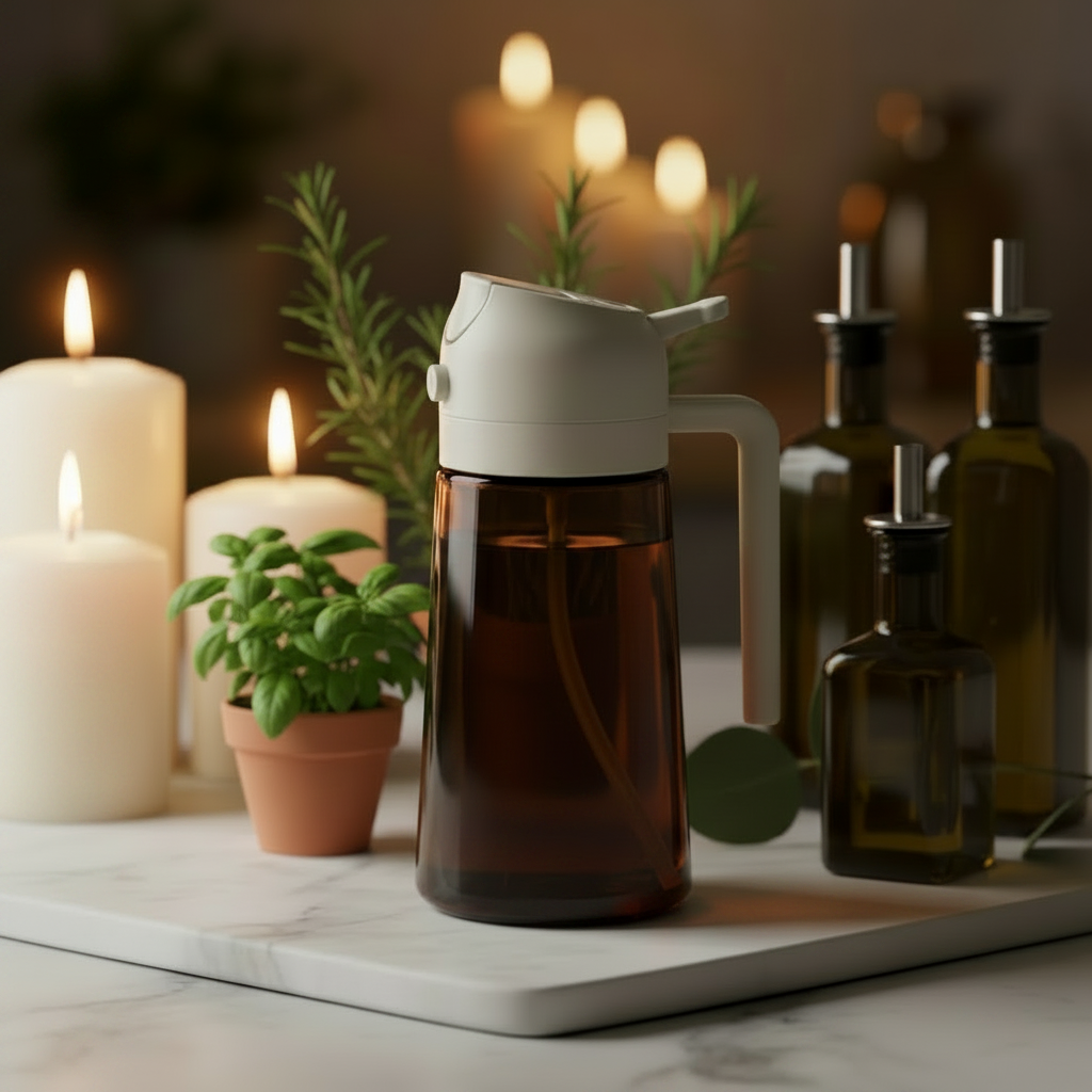 Cream White Oil Sprayer Candlelit Scene